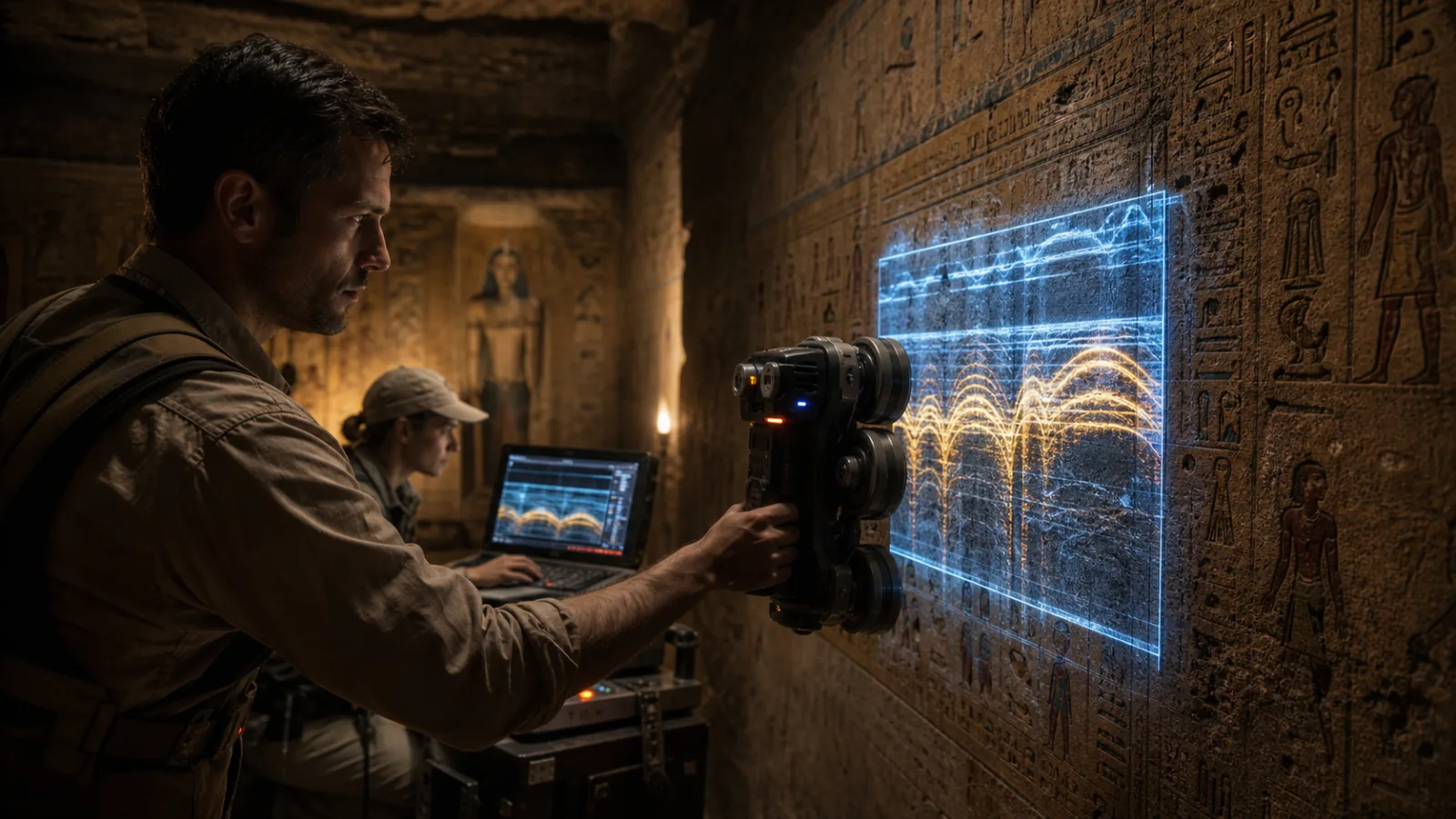 Illustration of modern archaeologists using ground-penetrating radar equipment against an ancient tomb wall