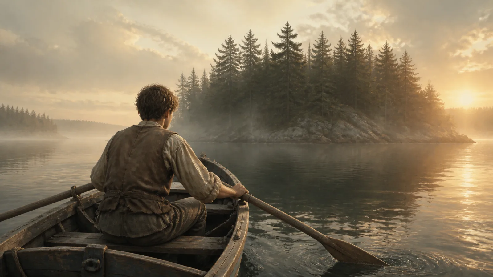 Historical reenactment of a teenage boy rowing a small boat toward a wooded island at dawn