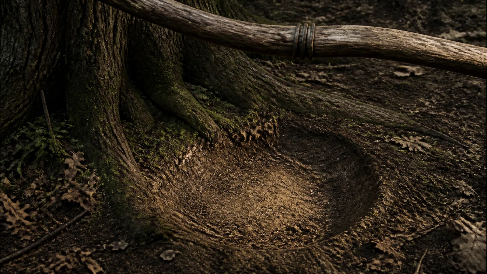 Close-up of a circular depression in forest soil beneath an oak tree with an old branch overhead