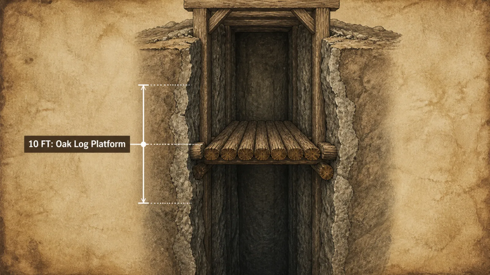 Cutaway diagram illustration of a mine shaft showing an oak log platform wedged at the ten-foot mark