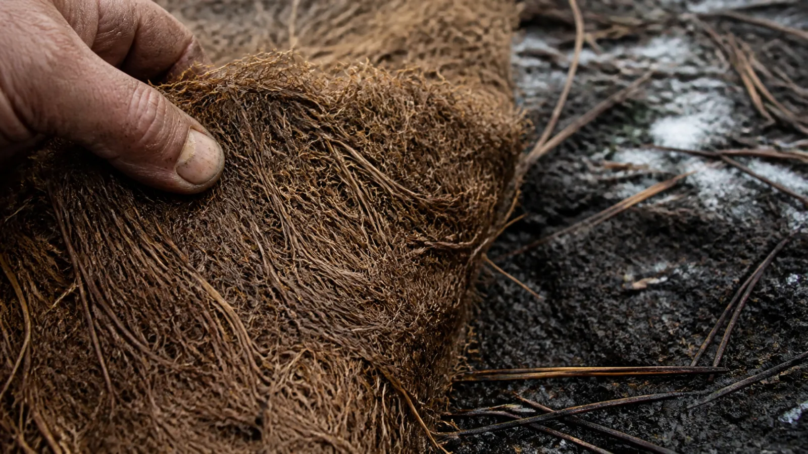 Close-up of coarse coconut fiber matting held next to northern soil and pine needles