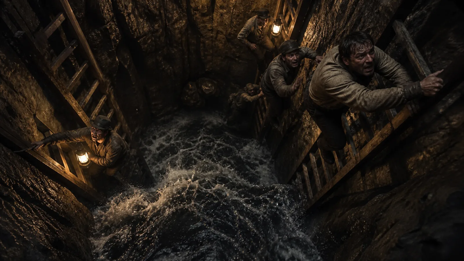 Dramatic reenactment of seawater rushing into the bottom of a deep excavation shaft