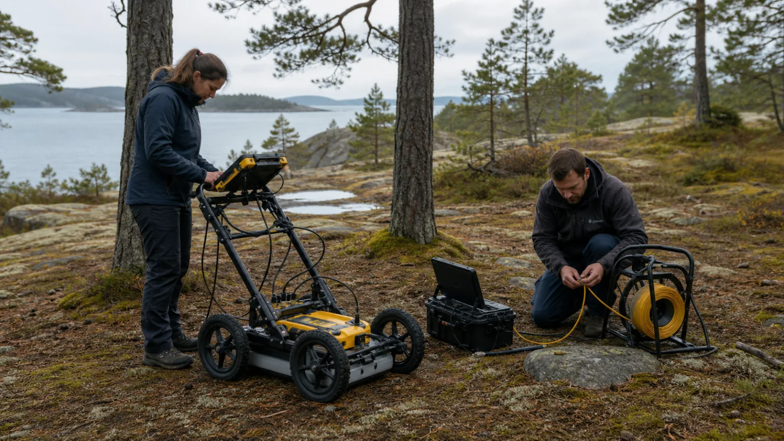 Modern researchers using ground-penetrating radar and borehole camera equipment on a forested island