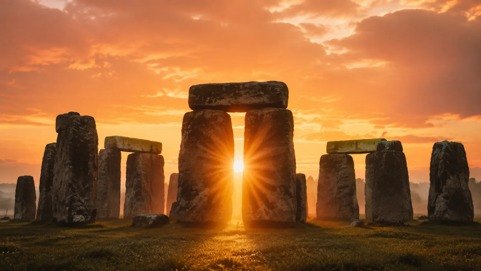 Golden sunrise light beaming through a gap between two megalithic stones at Stonehenge, illuminating the circle's center
