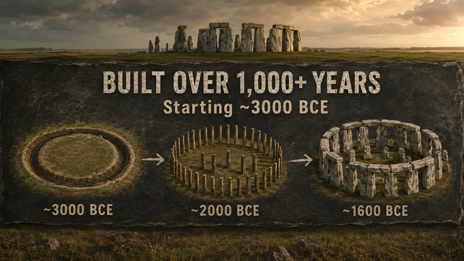 Timeline graphic showing the multi-phase construction of Stonehenge from earthwork to timber posts to stone circle