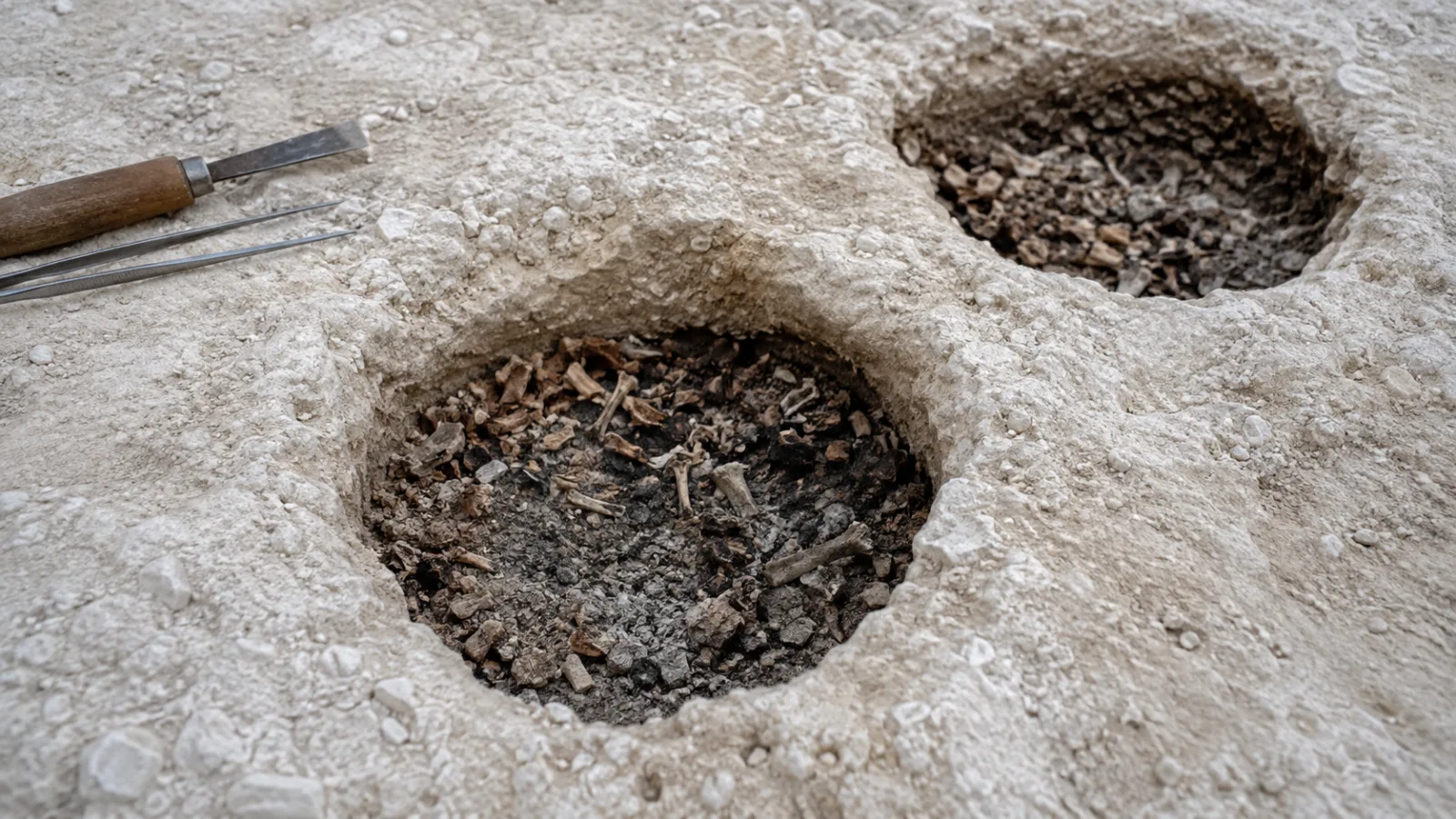 Archaeological excavation of small circular pits in chalk ground with cremated bone fragments exposed in situ