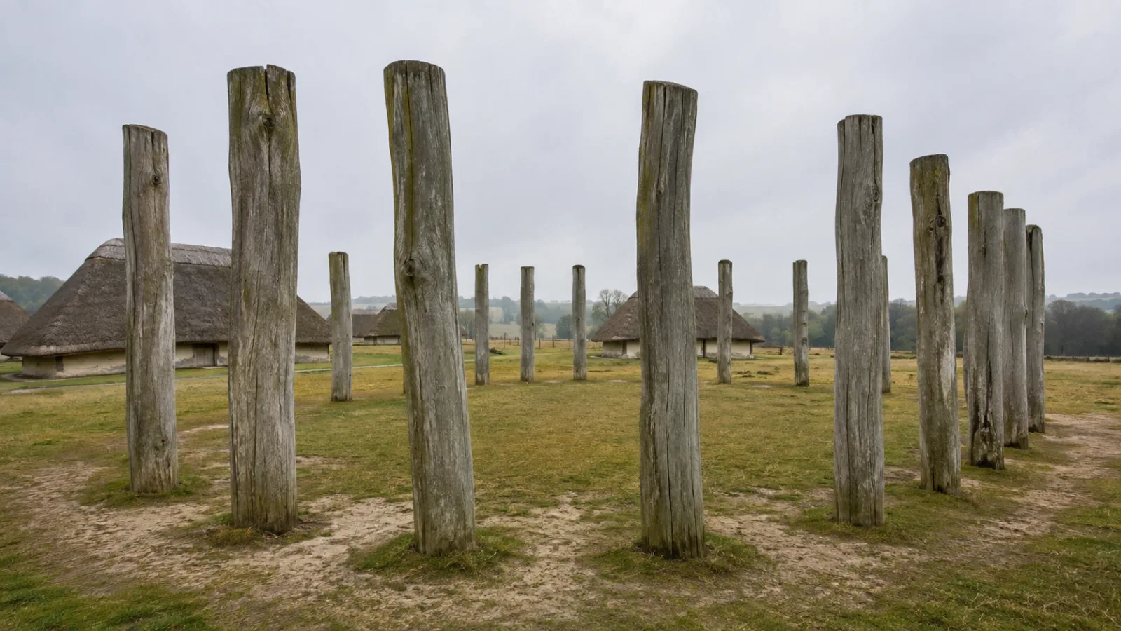 Illustrative reconstruction of a large timber circle monument with tall wooden posts, representing Durrington Walls