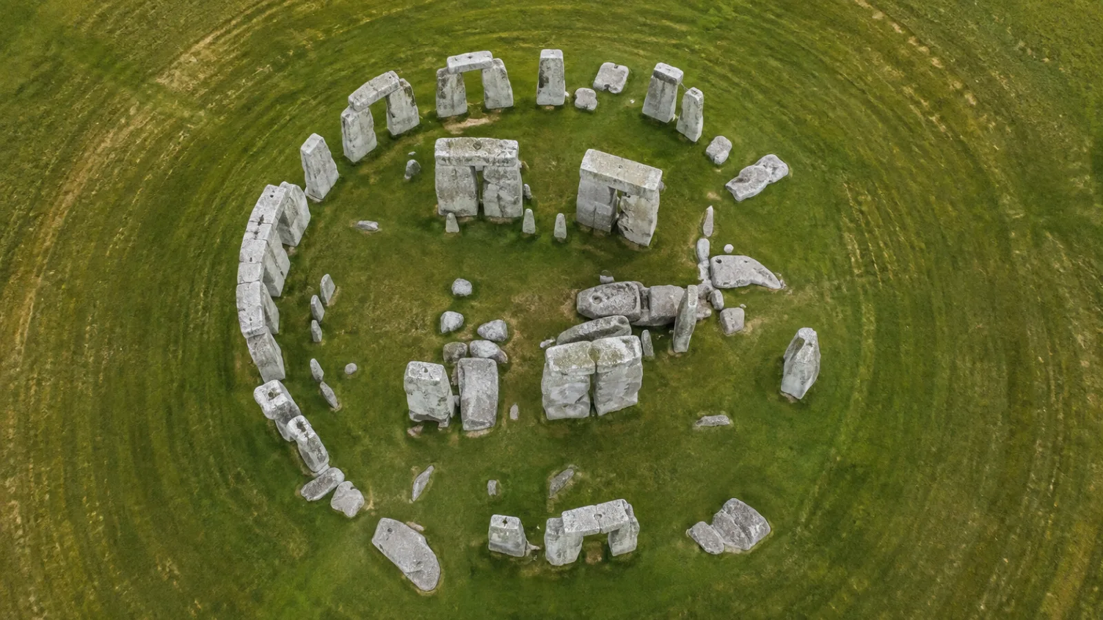 Aerial-style view of the Stonehenge stone circle showing the geometric arrangement of the stones