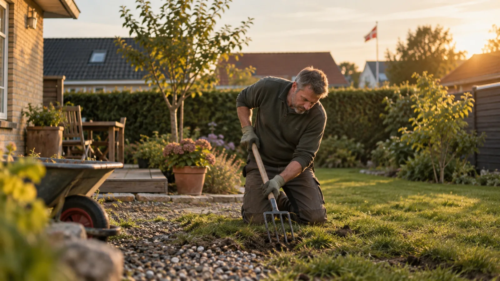 A man kneels in a backyard using a garden fork to dig into grass and gravel in late afternoon light