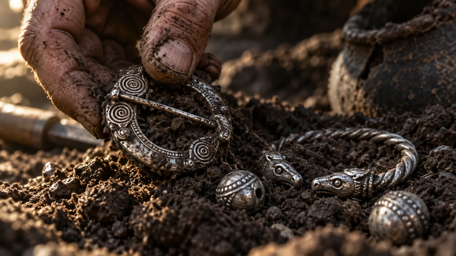 Close-up of tarnished silver jewelry being lifted from dark soil by dirt-covered fingers