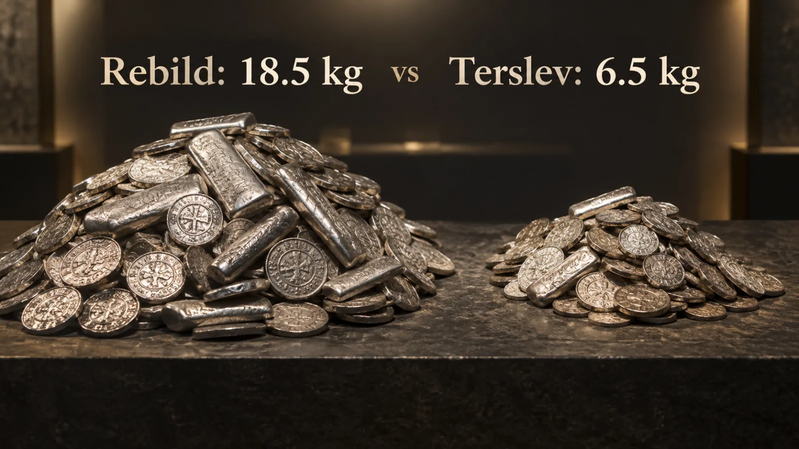 Comparison graphic showing the larger Rebild silver hoard beside the smaller Terslev hoard