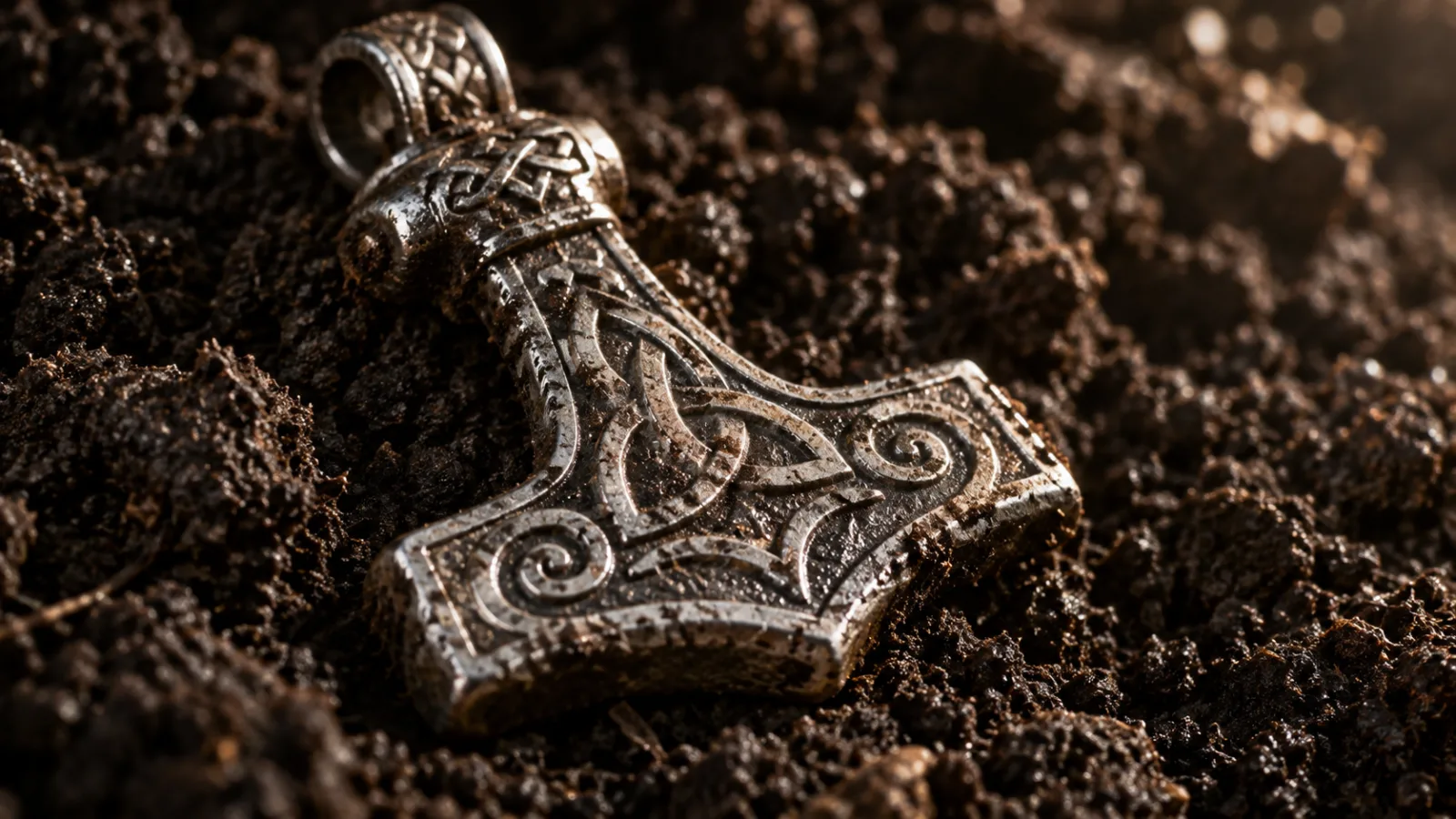 Close-up of a small tarnished silver Thor's hammer pendant resting on dark soil