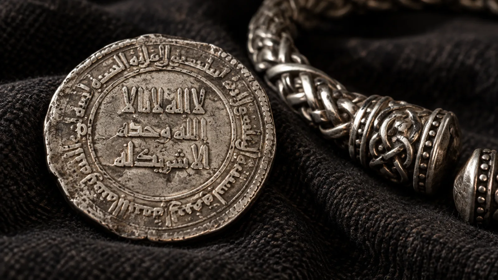 An Islamic silver dirham coin with Arabic script resting beside Nordic silver jewelry