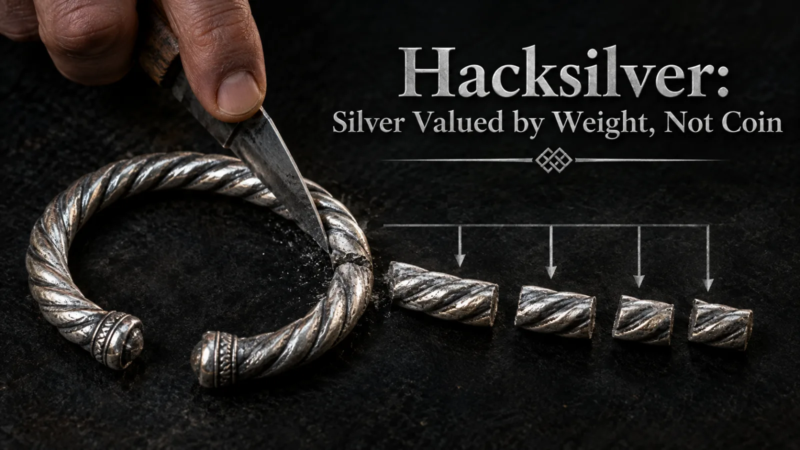 Diagram illustrating a silver bracelet being cut into pieces, representing the Viking practice of hacksilver