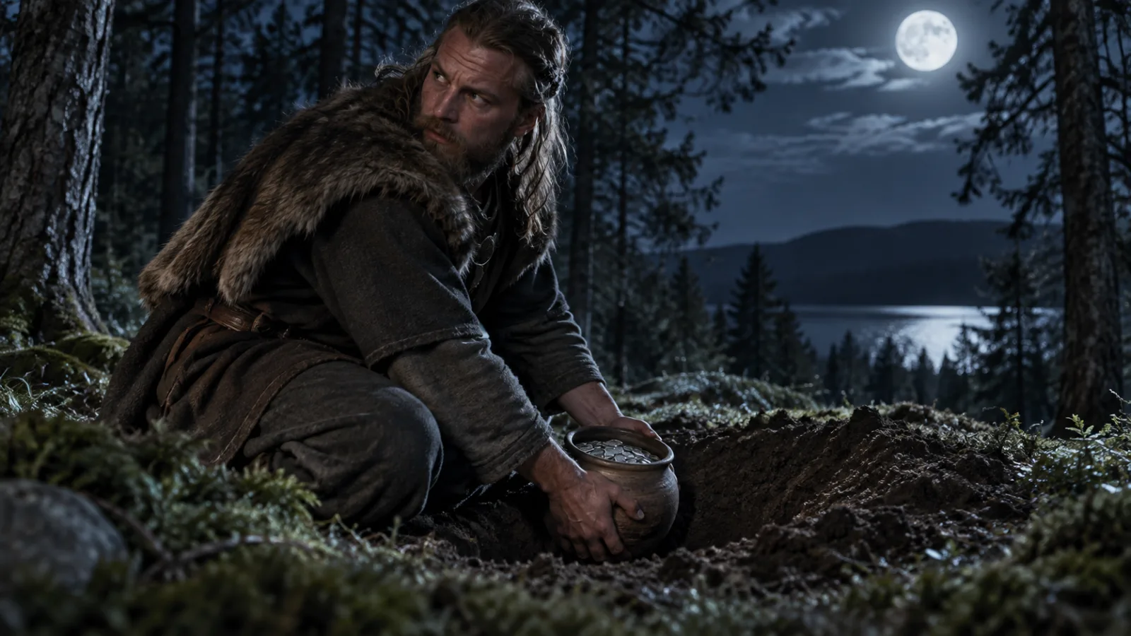 Illustrative reenactment of a Viking Age person burying a clay pot of silver at night in a forest clearing