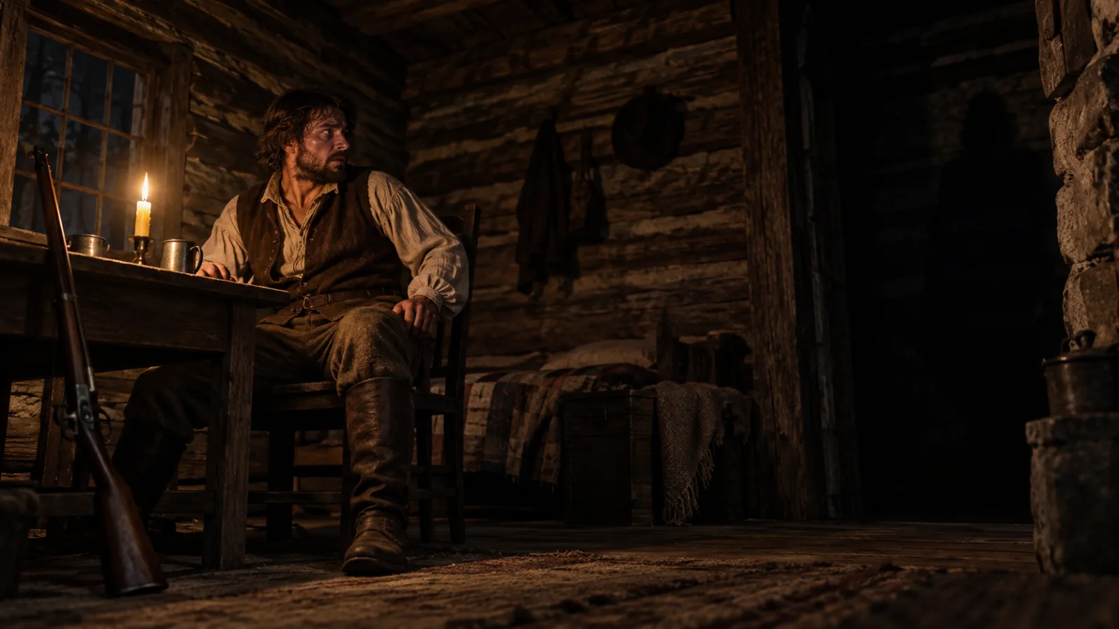 A frontier farmer sits alone in a dim log cabin at night, staring tensely into a dark corner lit only by candlelight