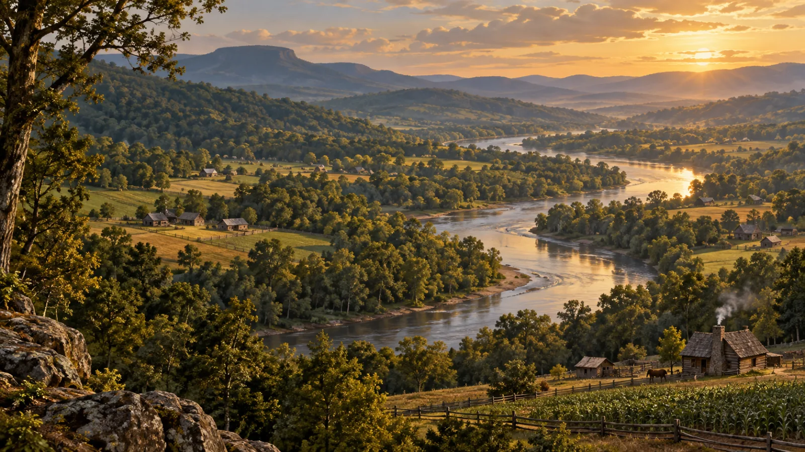 Wide landscape view of a lush river valley farmland in early 1800s Tennessee with a winding river and scattered wooden farmhouses