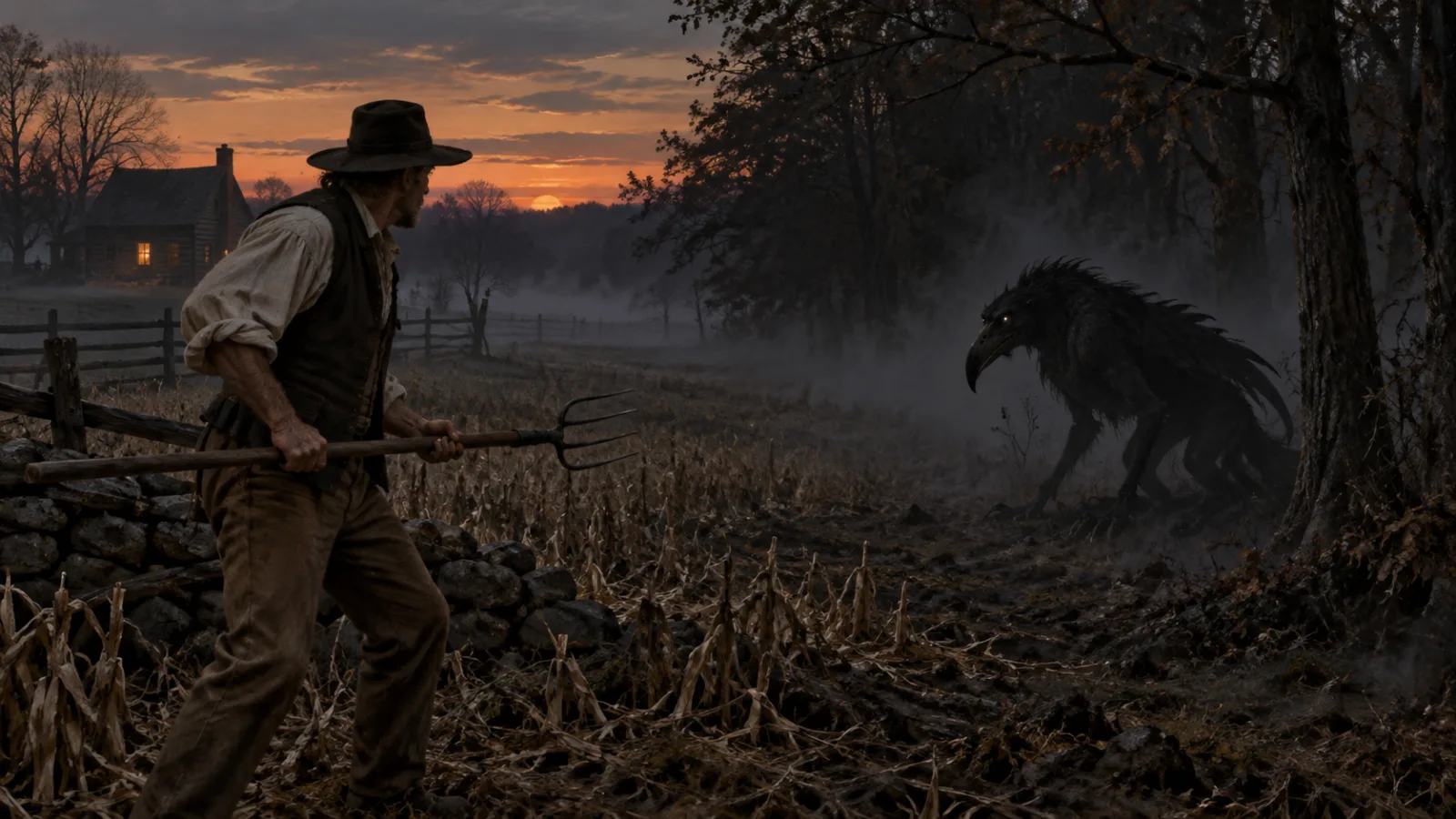 A farmer at the edge of a field at dusk, startled by an ambiguous shadowy creature near the tree line