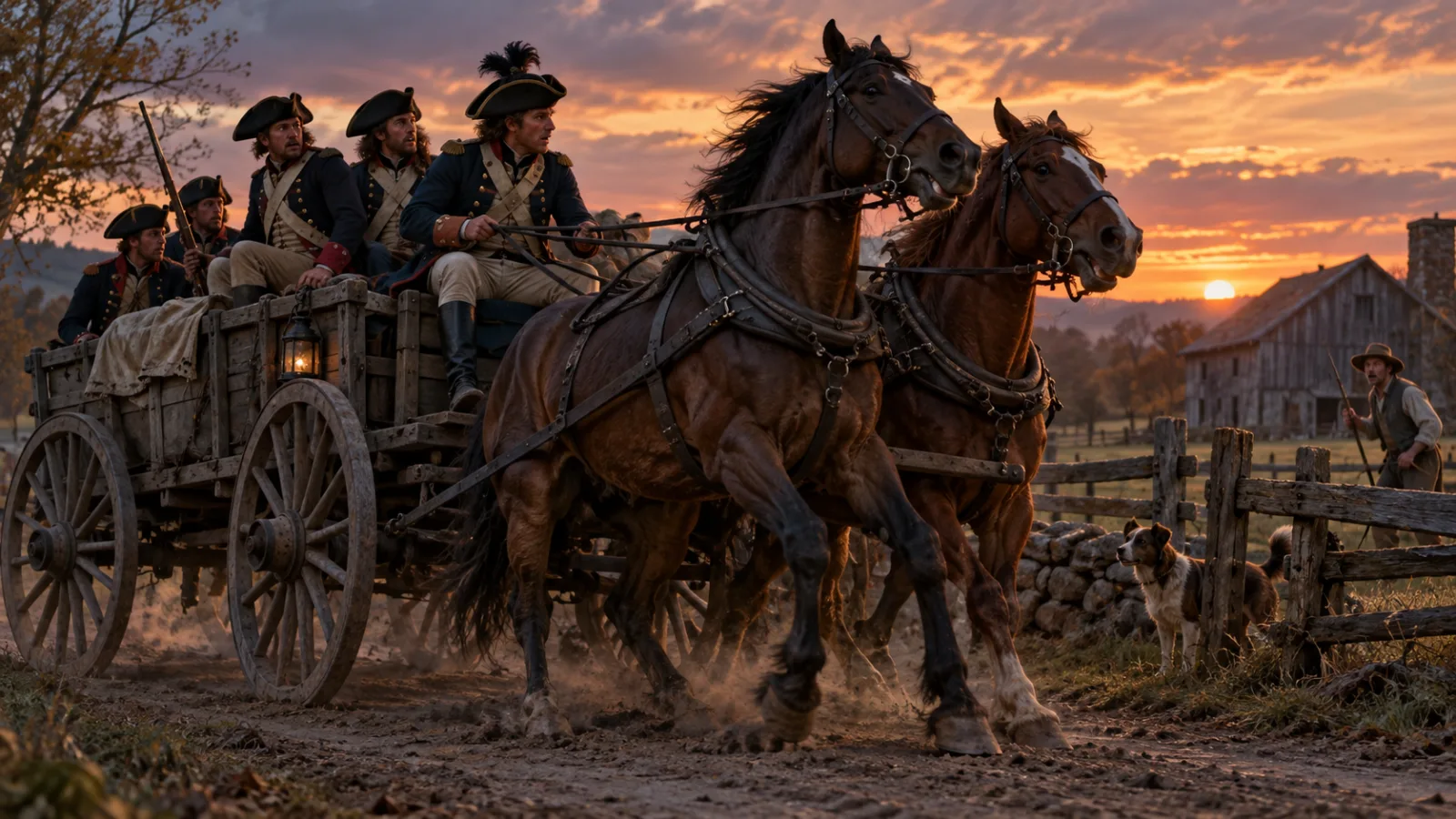 A horse-drawn wagon carrying men in early 1800s coats stopped abruptly on a dirt road near a farm fence, part of local legend rather than documented fact