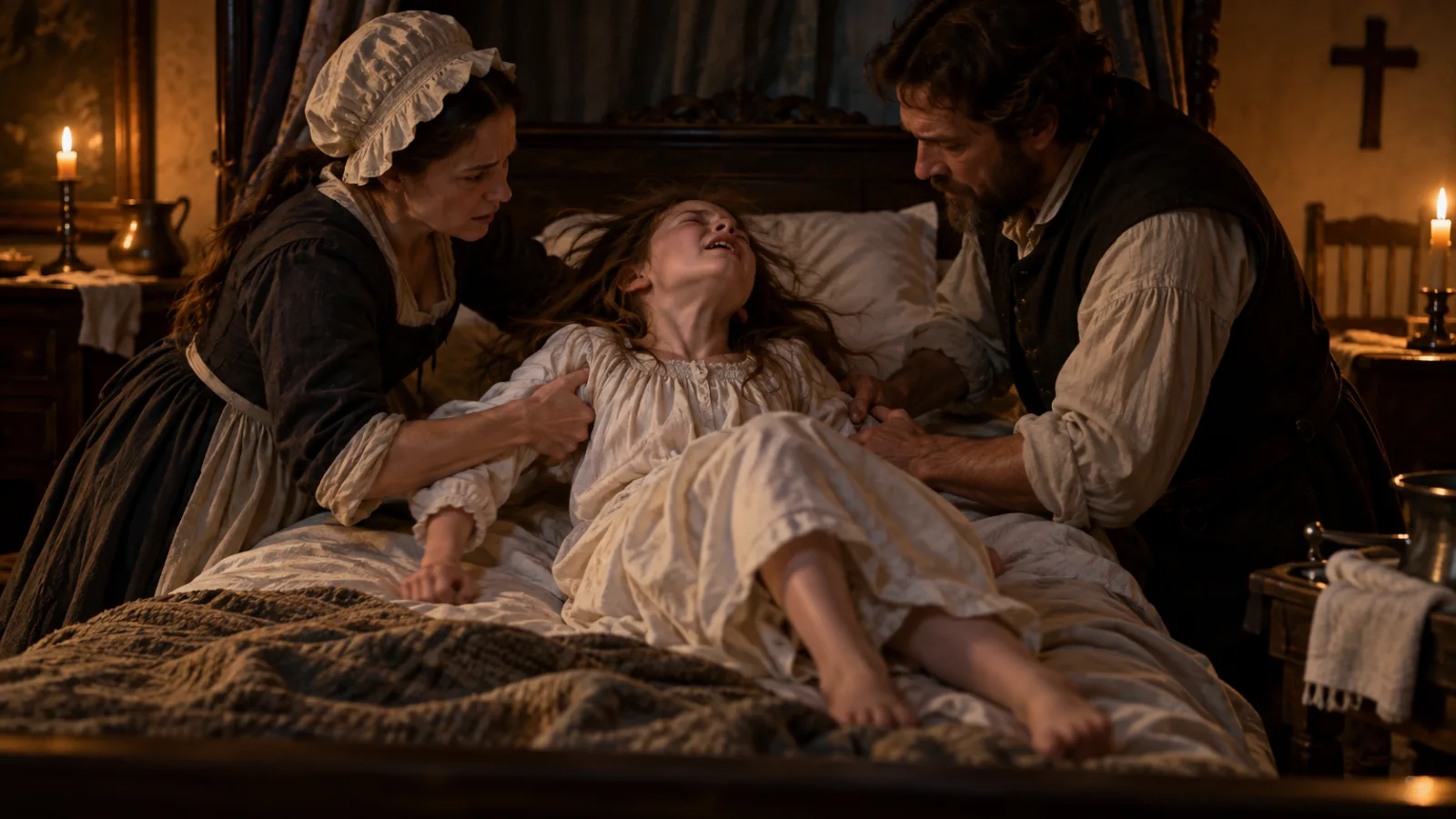 A young girl in period nightgown convulsing on a bed while two adults attempt to hold her still in a dim candlelit room