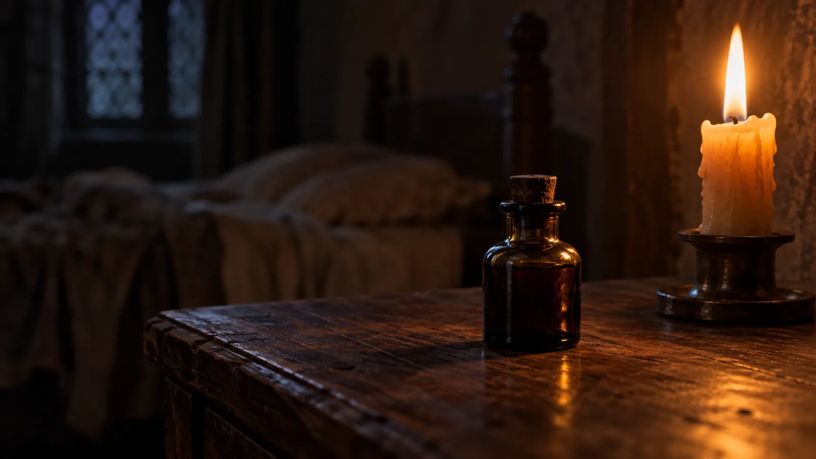 Close-up still life of a small antique dark glass vial resting on a wooden bedside table beside a flickering candle