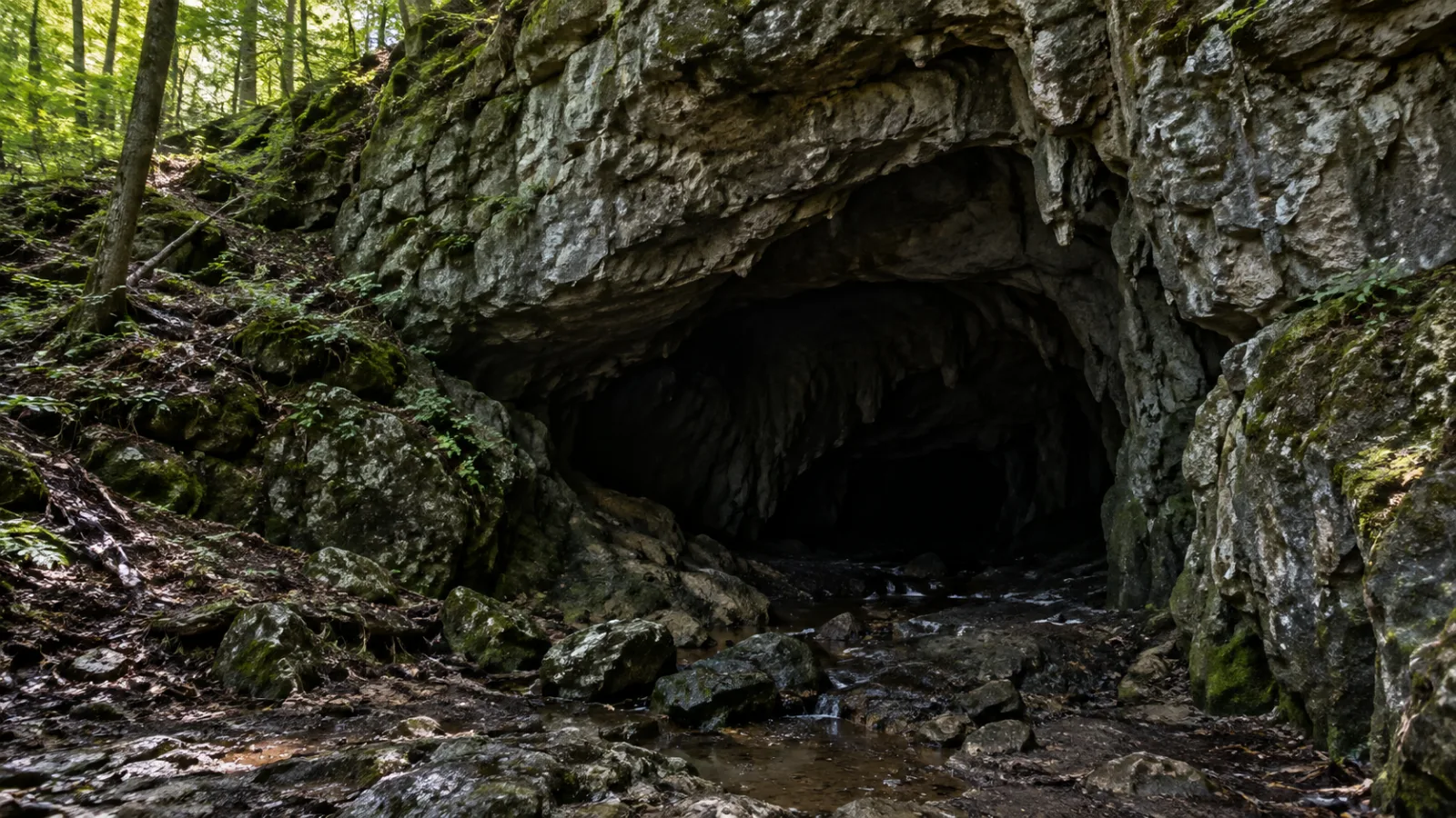 Dark natural limestone cave entrance in rural Tennessee woods, damp rocky interior visible under daylight