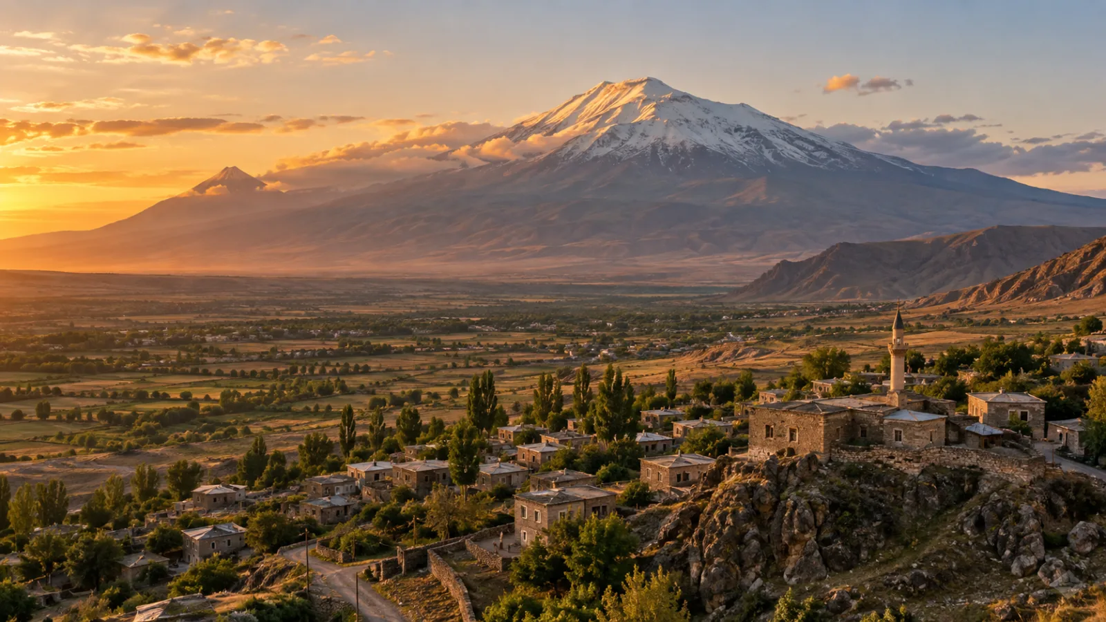 Aerial view of Mount Ararat rising above a small Turkish village at golden hour