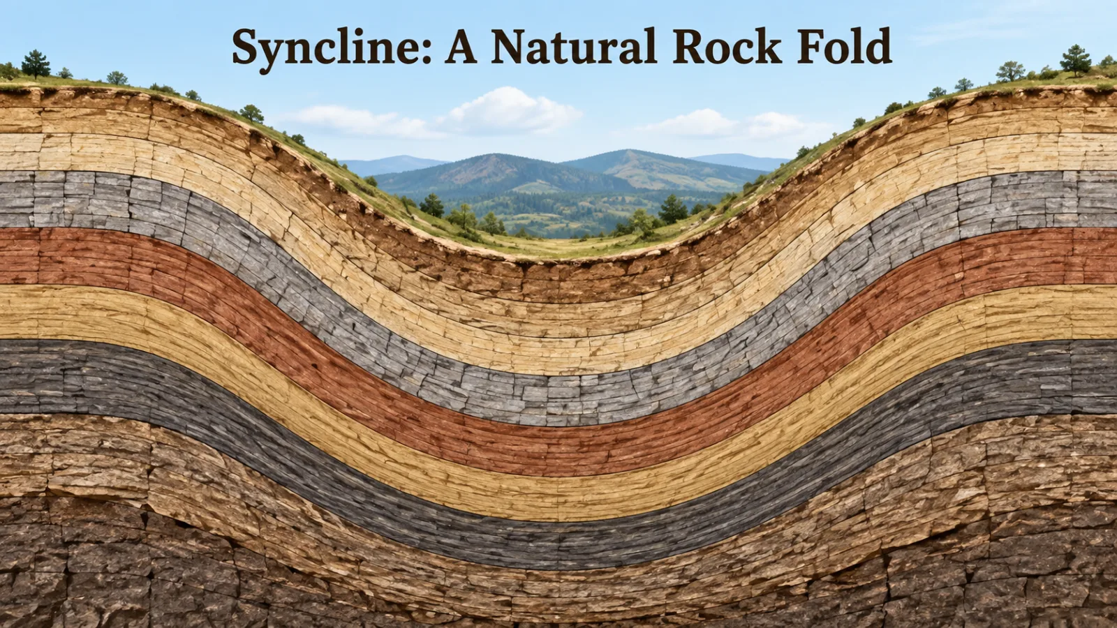 Educational diagram of a syncline rock fold forming a boat-like curved shape underground
