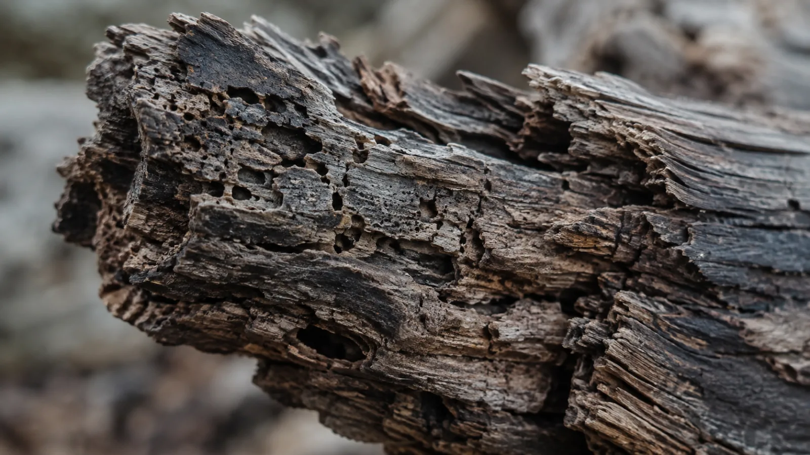 Macro photograph of a weathered, decayed wood fragment with cracked texture