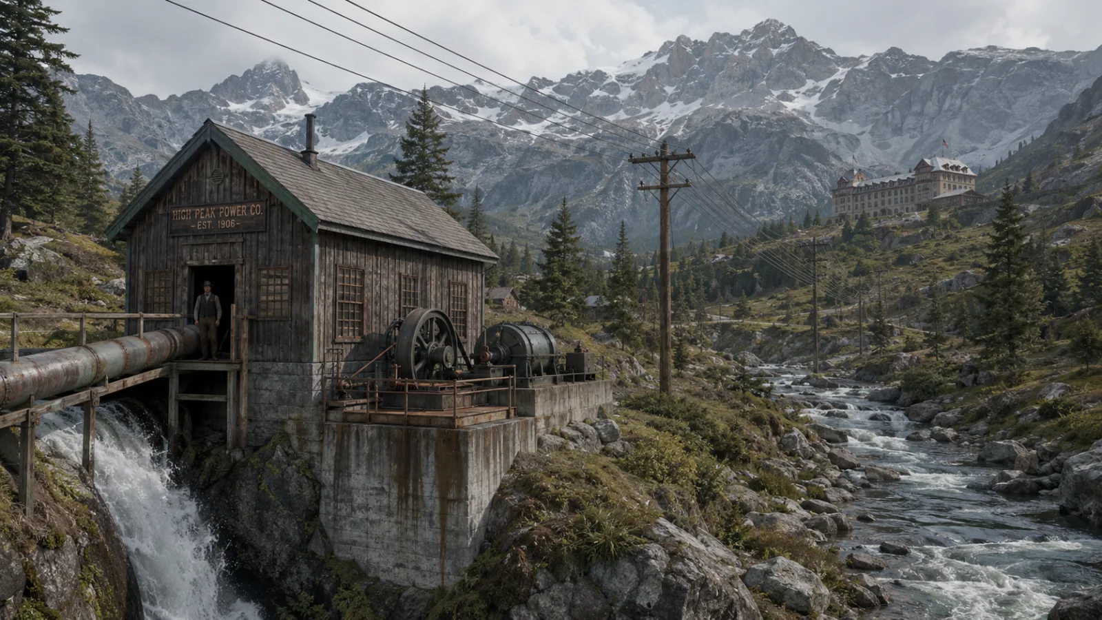 Early 1900s hydroelectric power station with wires running toward a distant hotel