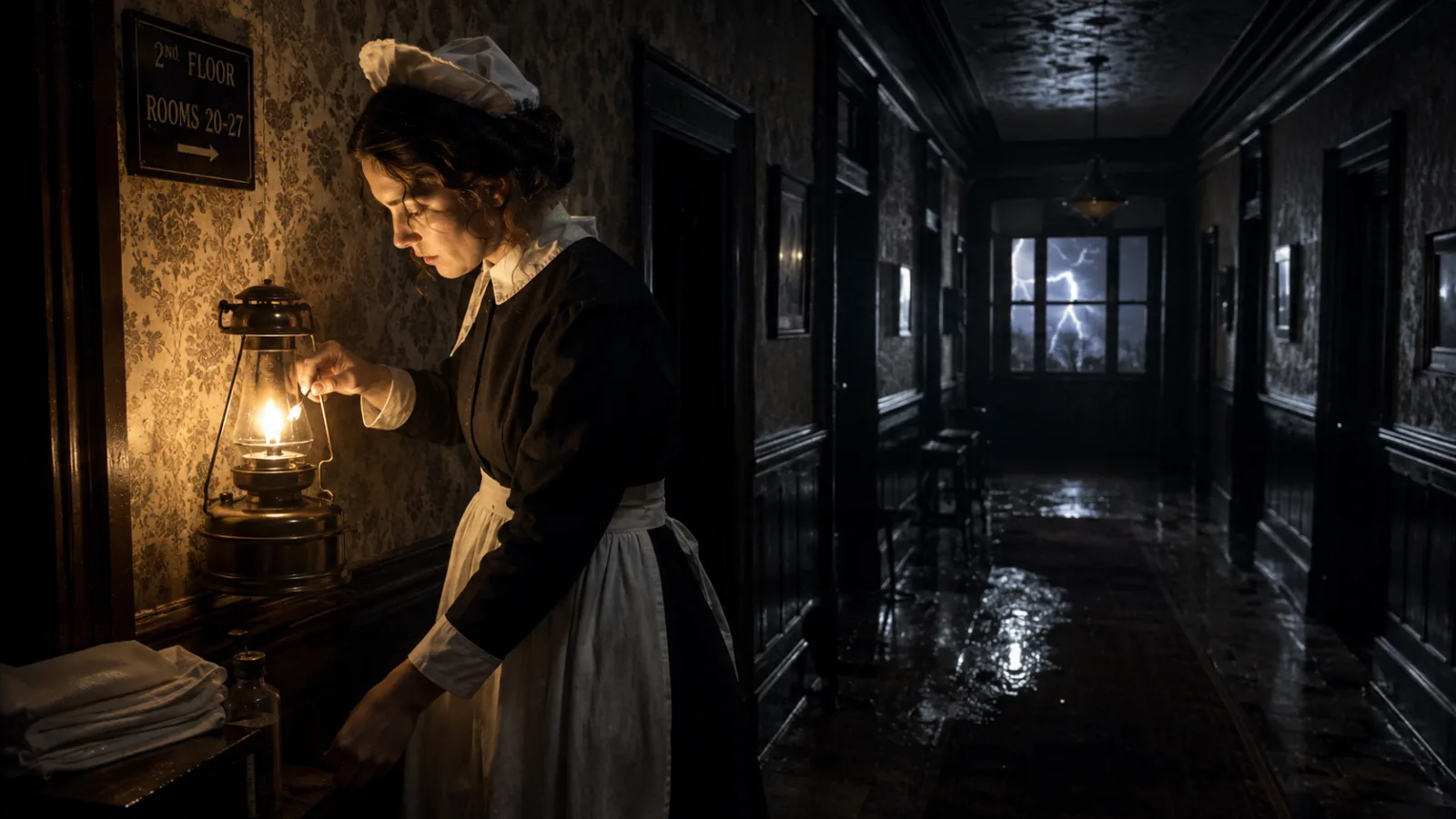 Reenactment of a 1911 hotel housekeeper lighting an acetylene lamp during a storm