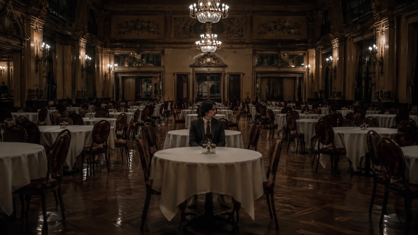 A lone man sitting in a large, ornate, empty hotel dining hall