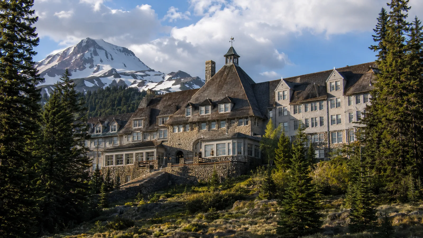 Historic mountain lodge in Oregon surrounded by pine forest and snow-capped peaks