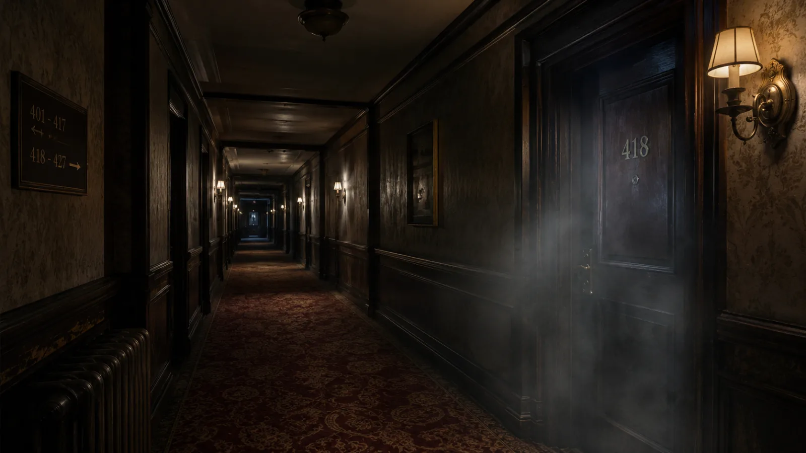 Dim vintage hotel hallway at night near a doorway numbered 418