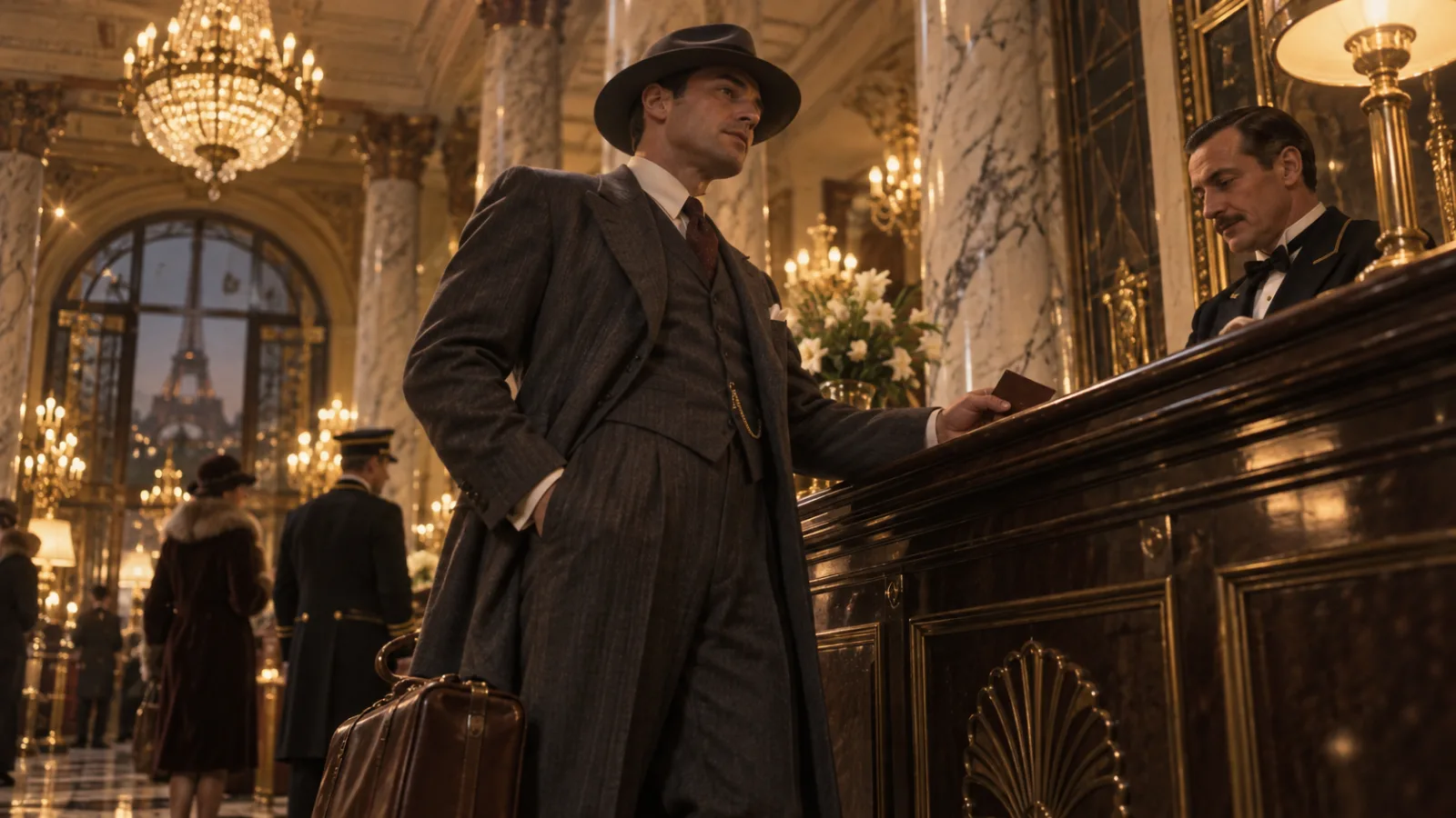 A well-dressed man in a 1920s suit and fedora entering the lobby of a grand Parisian hotel