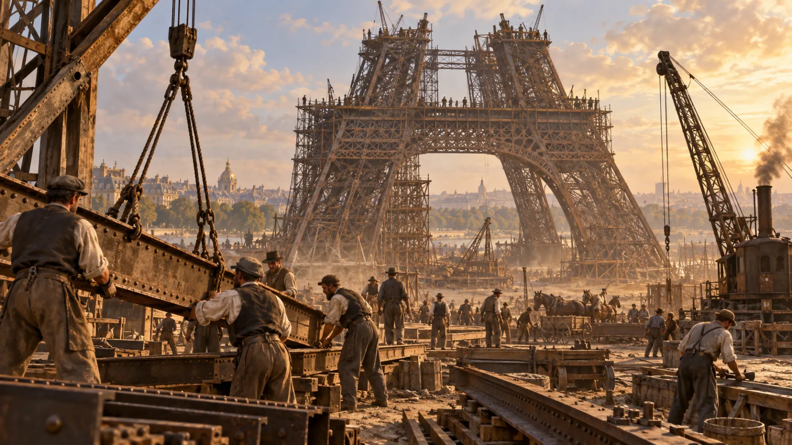 Illustration of the half-built Eiffel Tower during its 1889 World's Fair construction