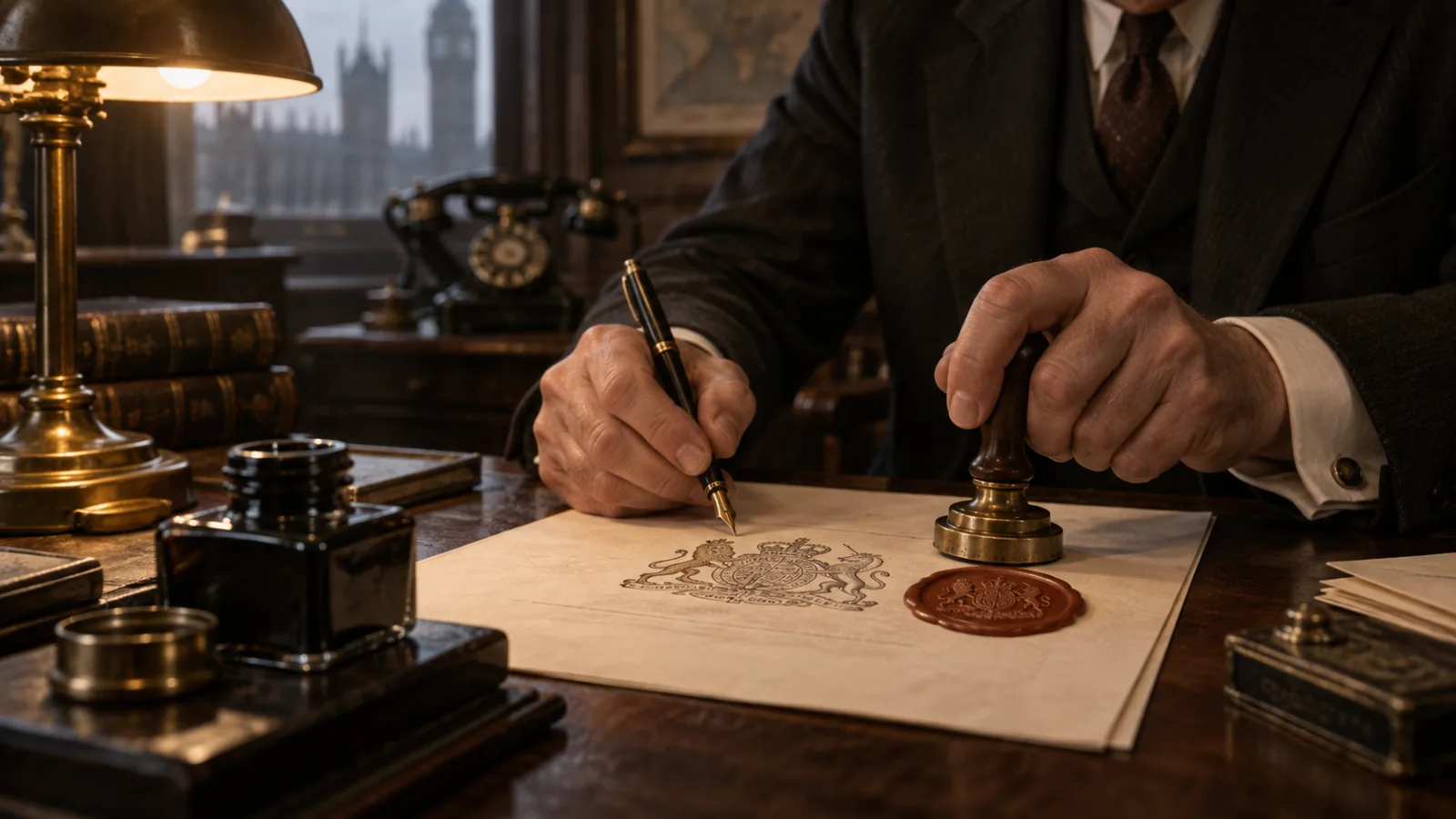 Close-up illustration of hands forging official government letterhead with a fountain pen and seal