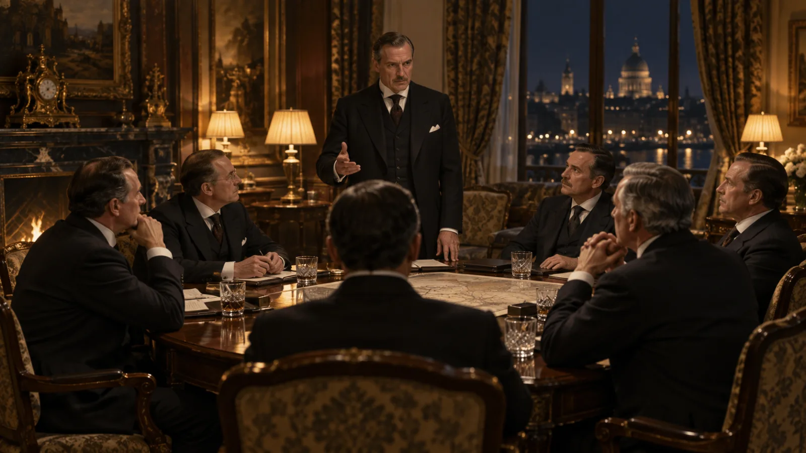 Illustration of six businessmen seated around a table in an opulent hotel suite listening to an official