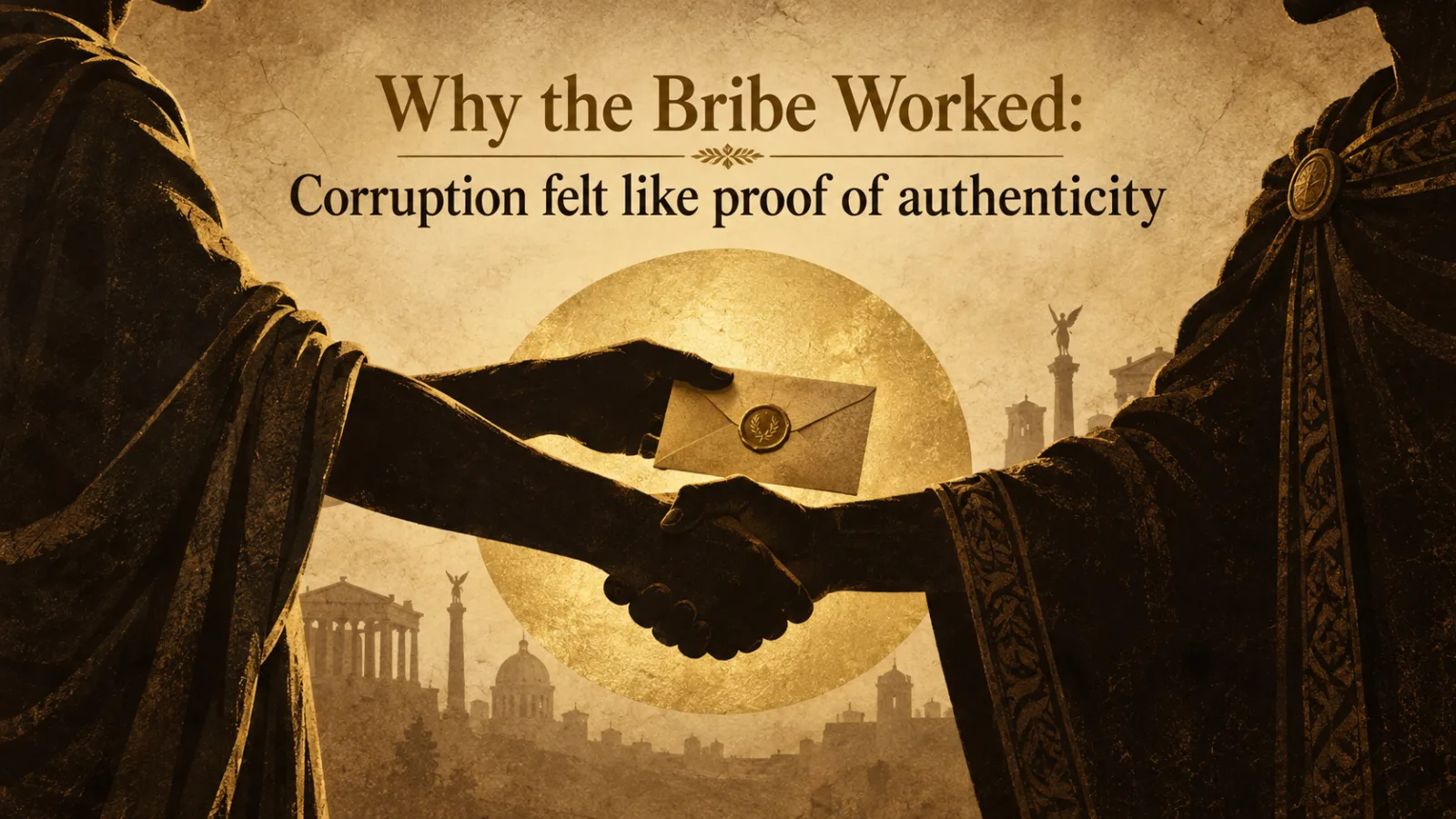 Illustrated close-up of two hands exchanging a small envelope, symbolizing a bribe