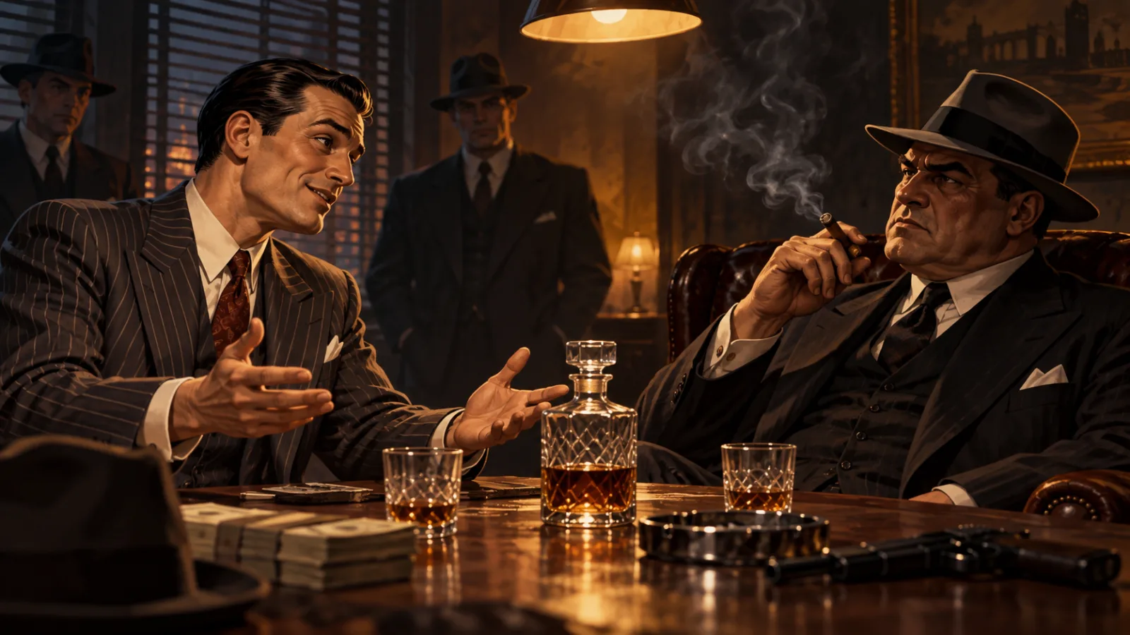 Illustration of 1930s Secret Service agents examining counterfeit currency evidence