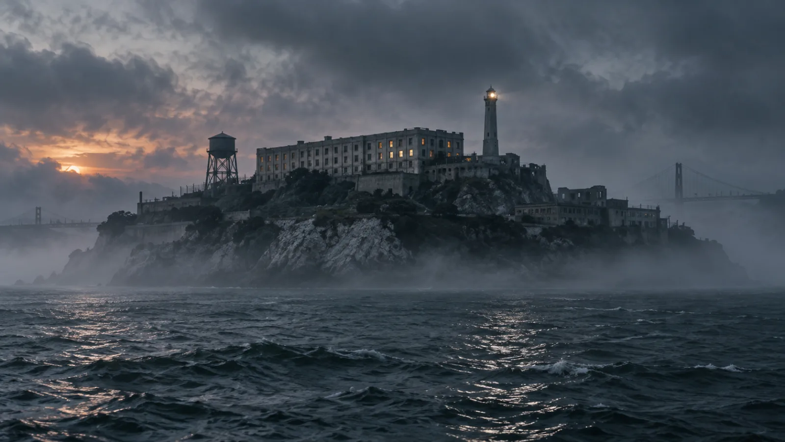 Somber illustration of Alcatraz prison on a foggy bay at dusk
