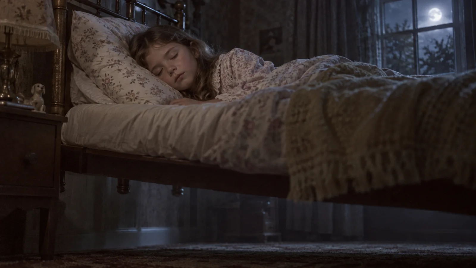 Dramatized reenactment of a young girl sleeping in a bed hovering slightly above the floor in a dim 1970s bedroom