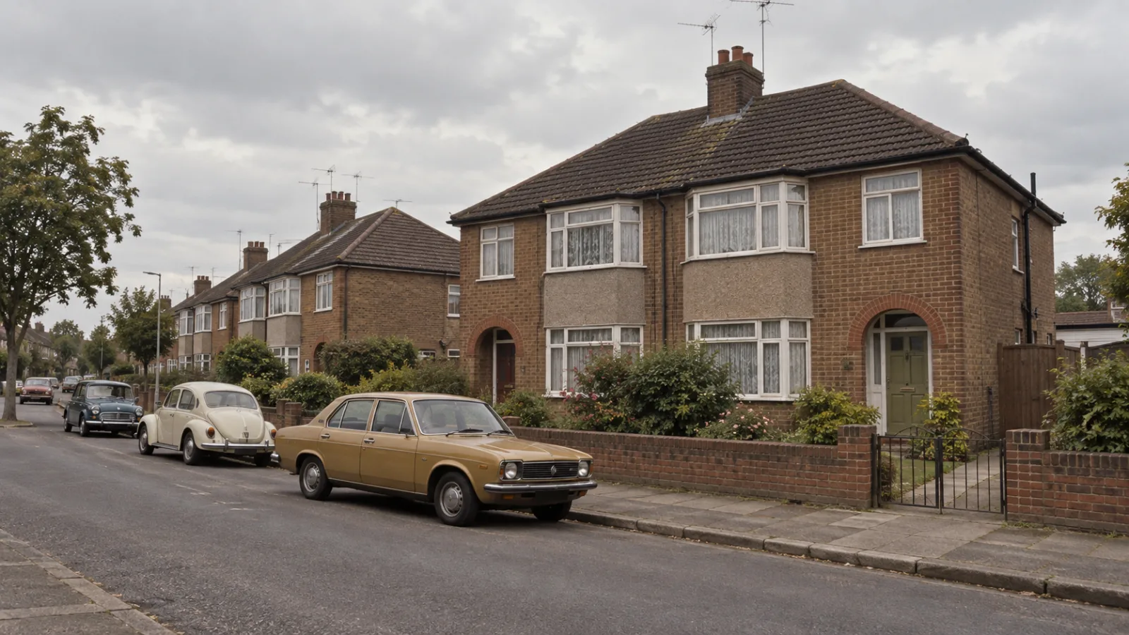 Exterior of a modest 1970s British semi-detached council house on a quiet Enfield street