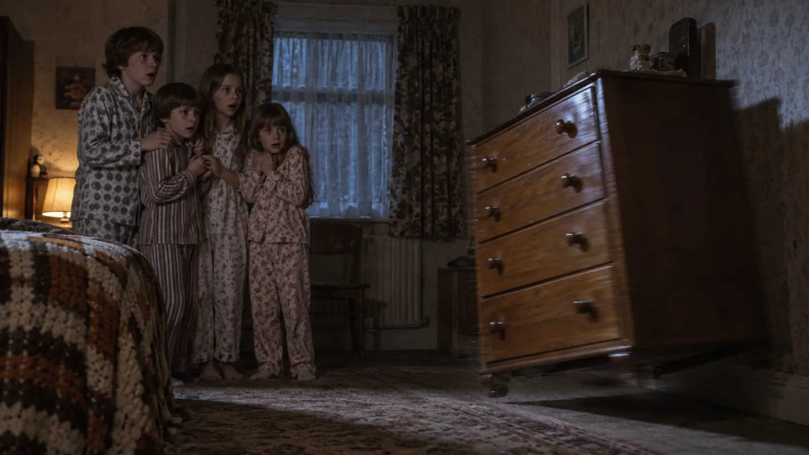 Dramatized reenactment of four children in pajamas watching a chest of drawers slide across a bedroom floor