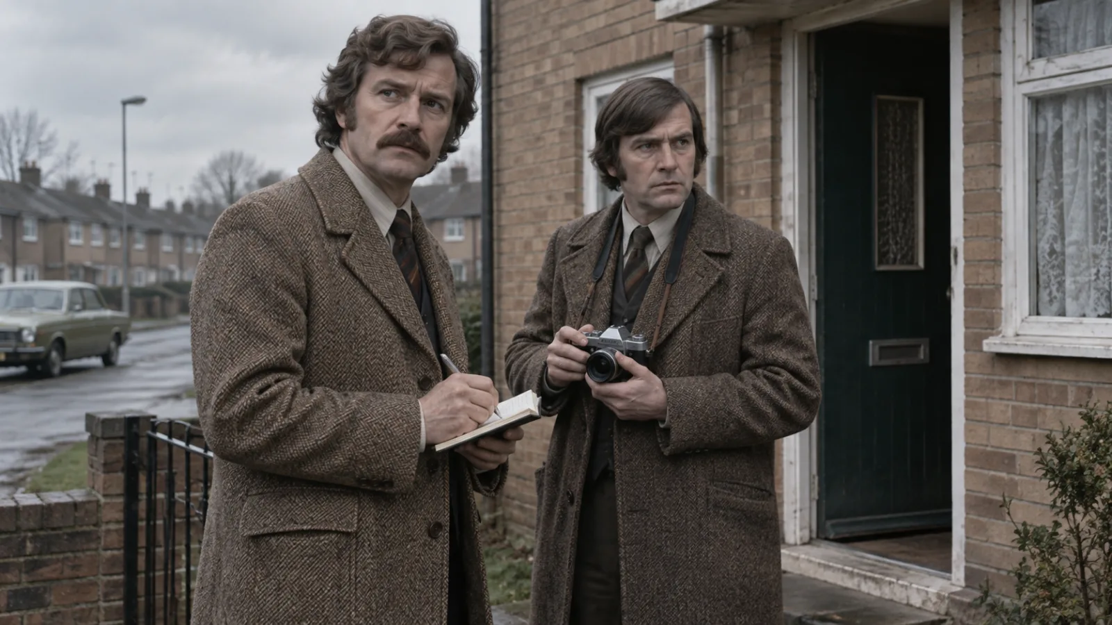 Two men in 1970s tweed coats with a notebook and camera standing outside a council house entrance