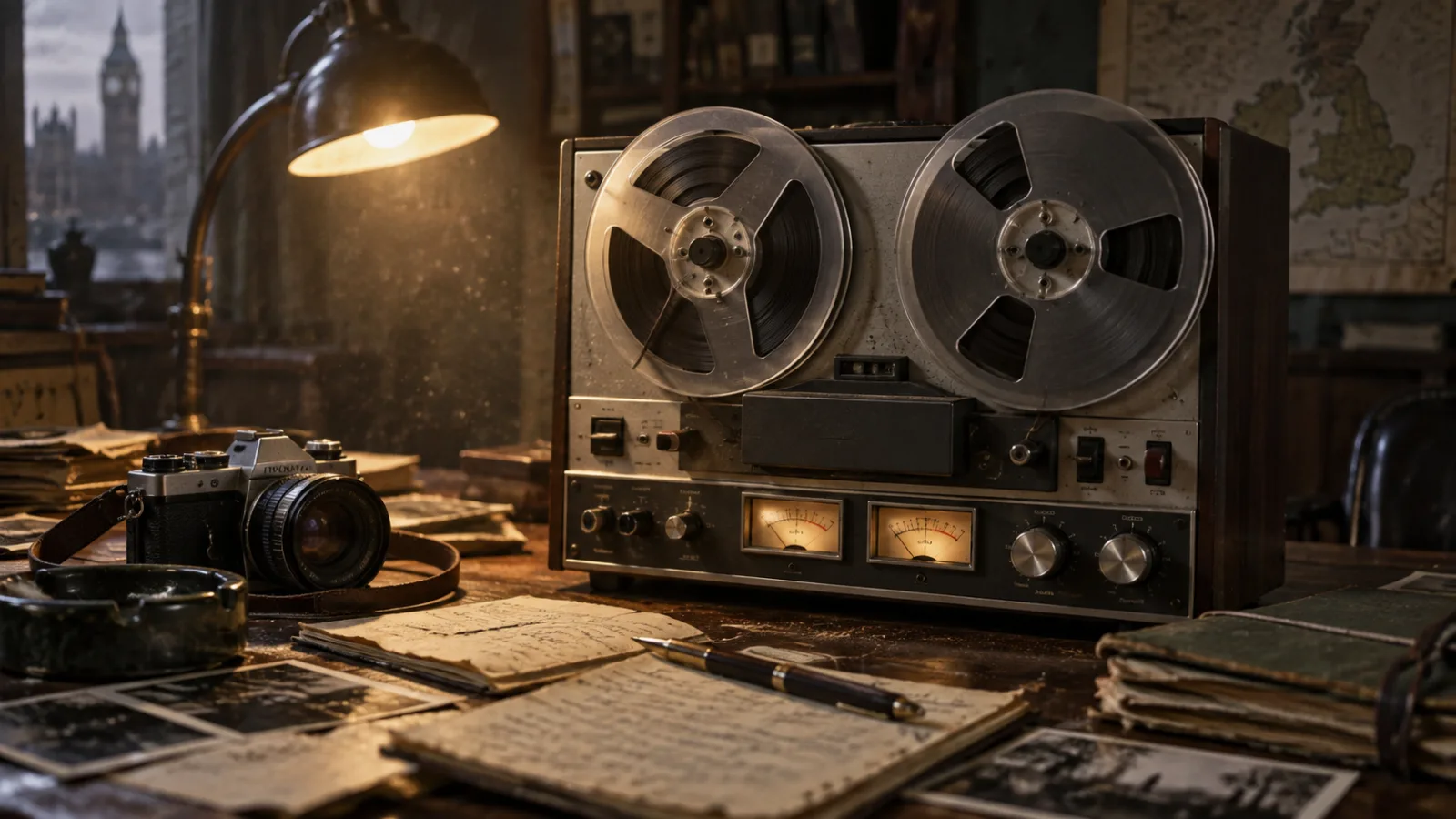 Vintage reel-to-reel tape recorder beside handwritten notes and an old camera on a wooden table