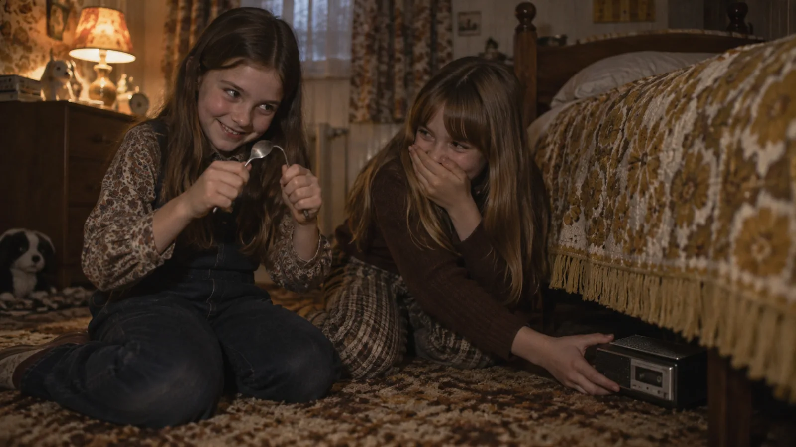 Dramatized reenactment of two girls giggling while bending a spoon and hiding a small tape recorder under a bed