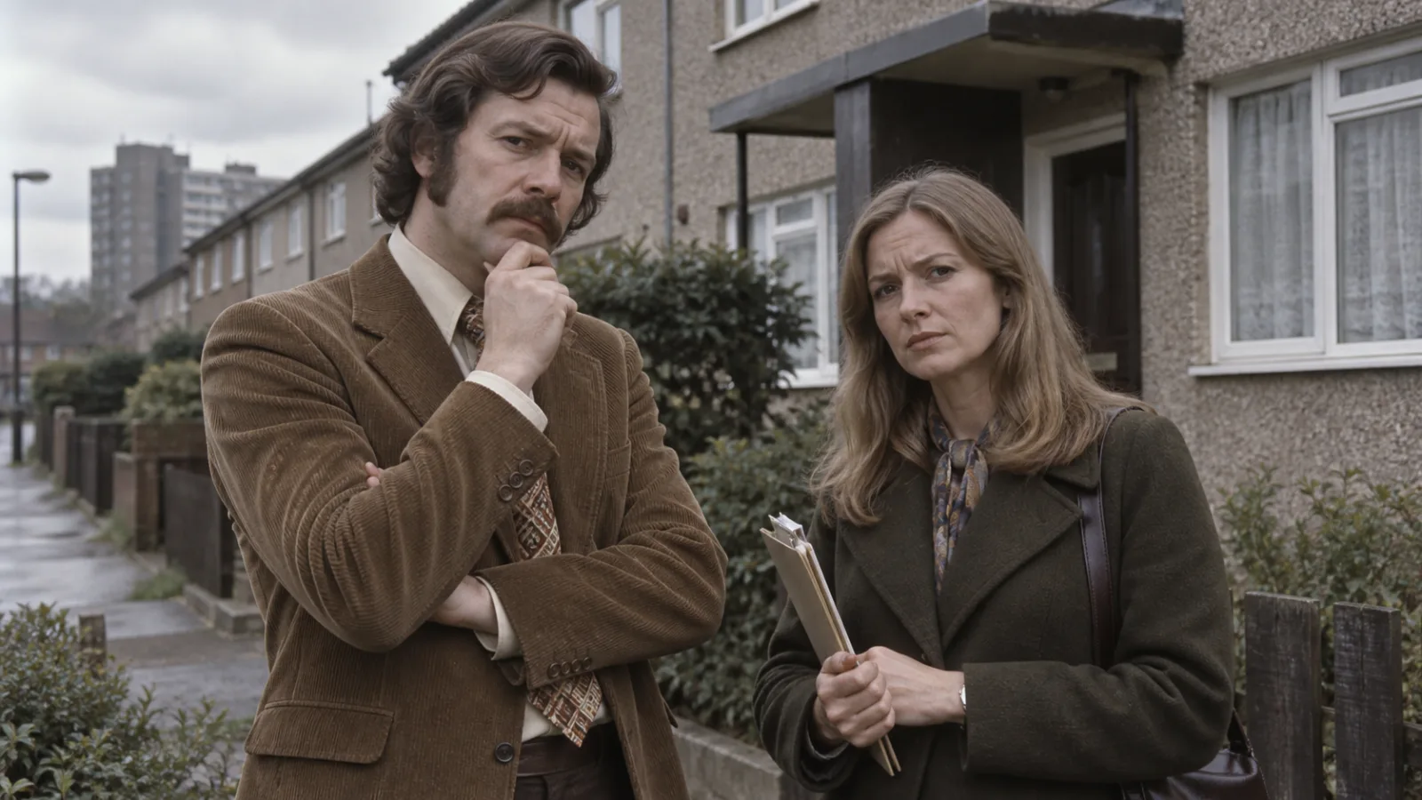 Dramatized reenactment of a man and a woman standing outside a council house with skeptical expressions