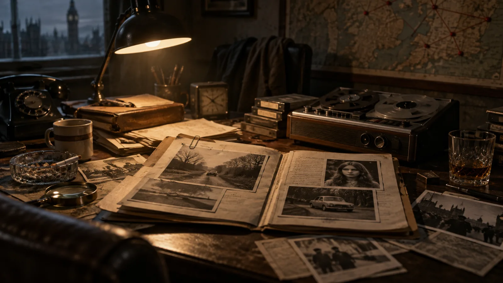 Cluttered investigator's desk with an open case file, photographs, and a tape recorder under a single lamp