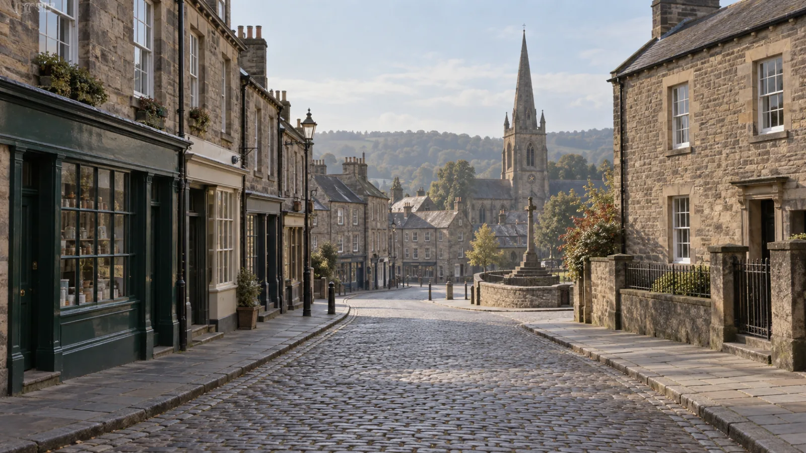 A quiet 1950s English market town street with stone buildings and a church spire in the distance